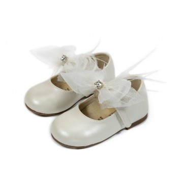 Babywalker Γοβάκι μονή μπαρέτα διακοσμημένη με υφασμάτινο χειροποίητο φιόγκο εκρού BASIC ΣΕΙΡΑ 19-25